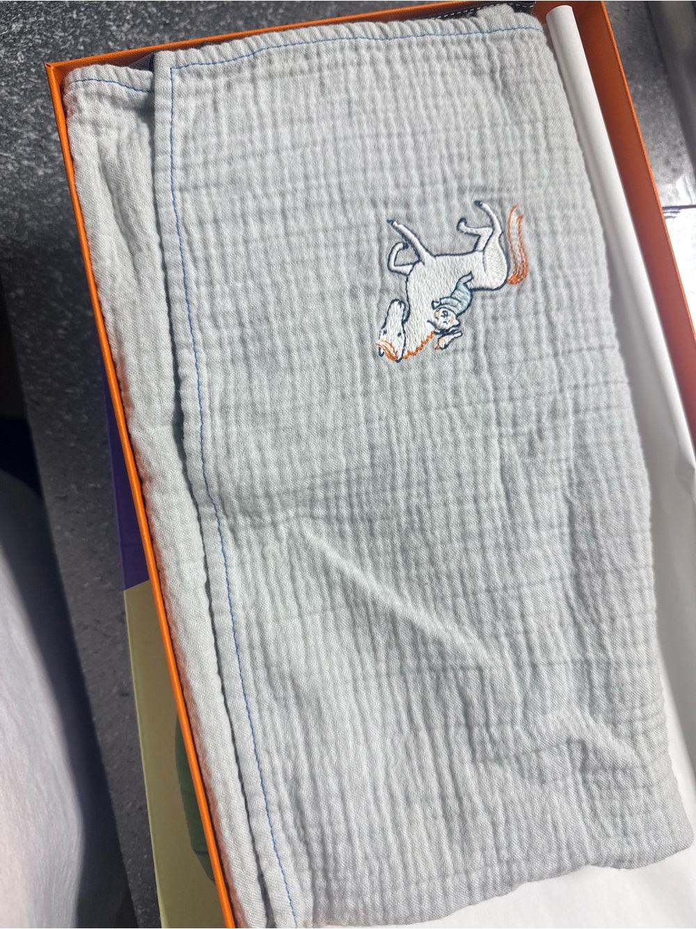 Hermes Light Gray Swaddle with Embroidered Fox Detail